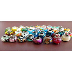 Charm Bracelet Beads Lot of 43 Glass and Resin-Sterling Silver Core Stamped 925